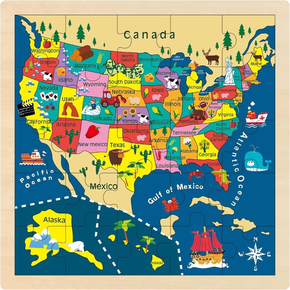 Wooden USA Map Puzzle, United States Puzzles 25 Pcs New Sealed Age 3+